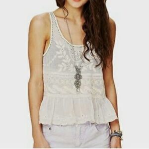 Free People Cream Mesh Embroidered Beaded Crop Peplum Boho Chic Tank Top